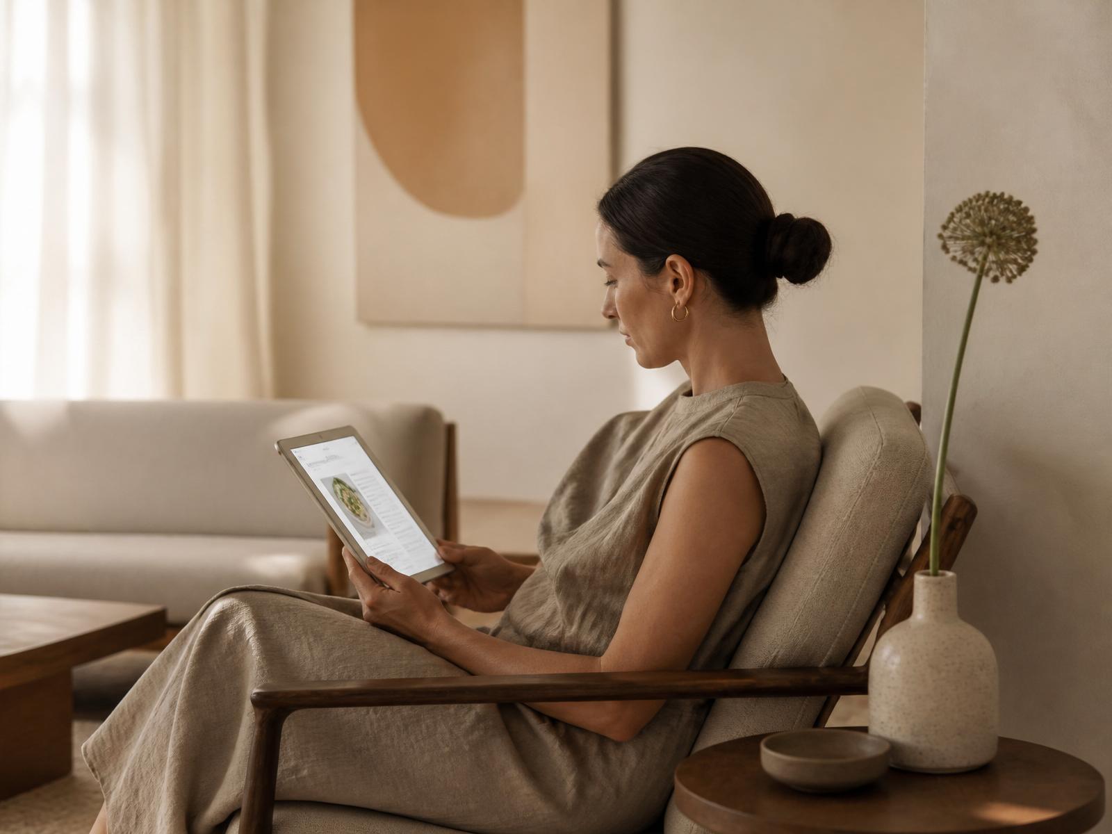 A patient reading an In The Waiting Room feature on a tablet in a calm, sunlit waiting room